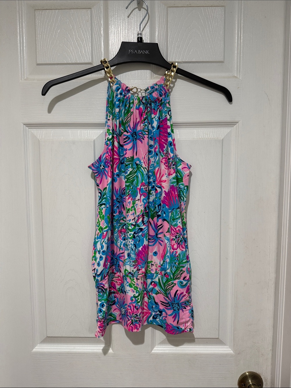 Lilly Pulitzer Pink, Turquoise & Green Floral Dress with Gold Chain Strap